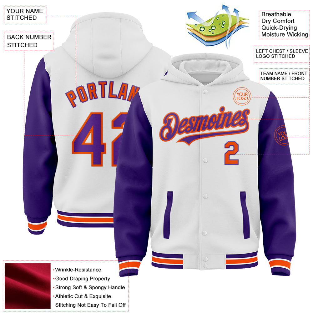 Custom White Purple-Orange Bomber Full-Snap Varsity Letterman Two Tone Hoodie Jacket