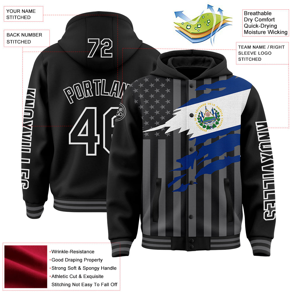 Custom Black Gray-White El Salvador El Salvadoran Flag 3D Bomber Full-Snap Varsity Letterman Hoodie Jacket