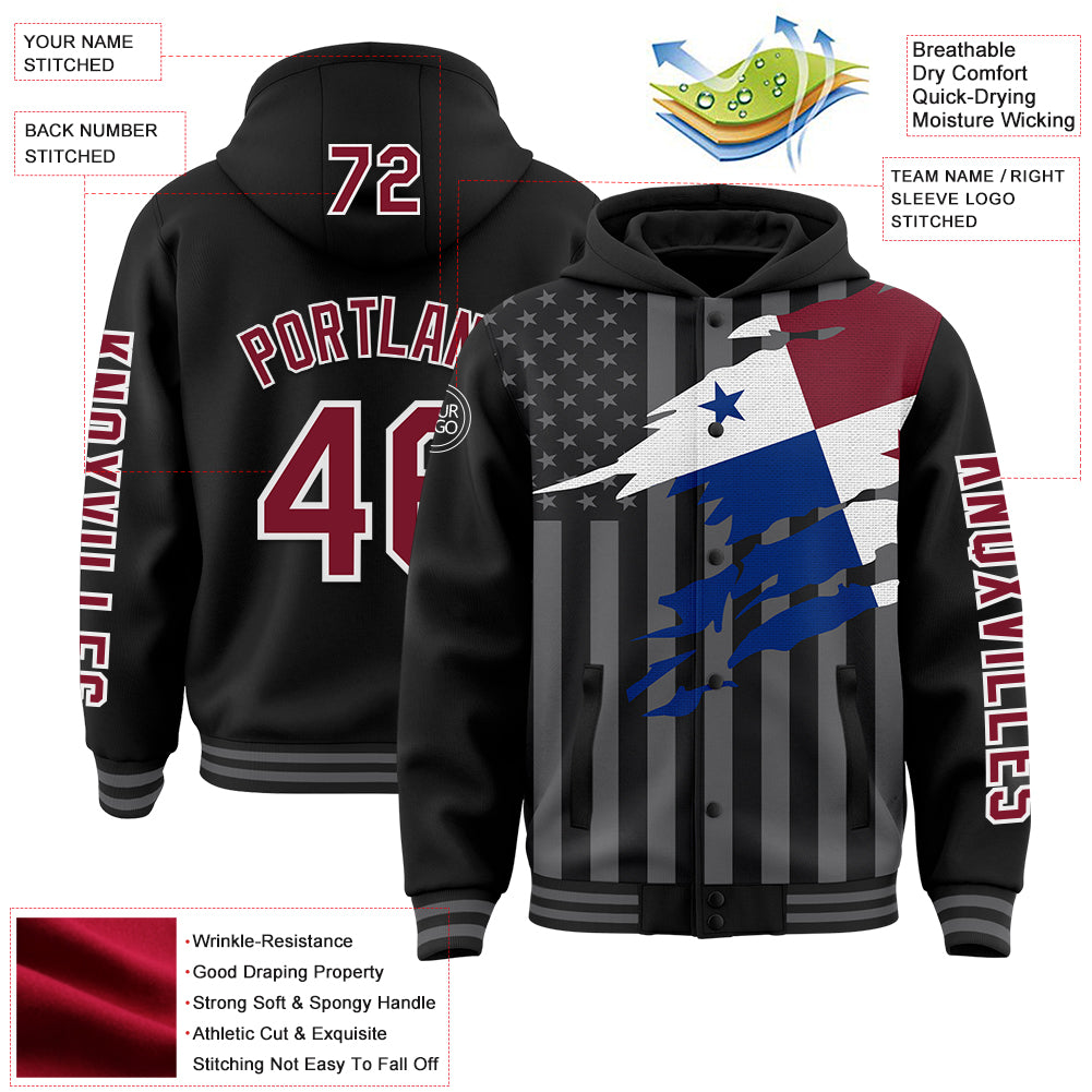 Custom Black Crimson-Gray Panama Panamanian Flag 3D Bomber Full-Snap Varsity Letterman Hoodie Jacket