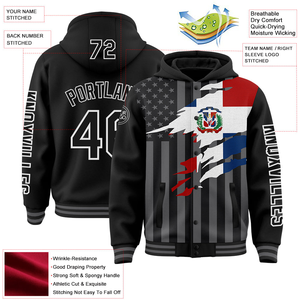 Custom Black Gray-White Dominican Republic Flag 3D Bomber Full-Snap Varsity Letterman Hoodie Jacket