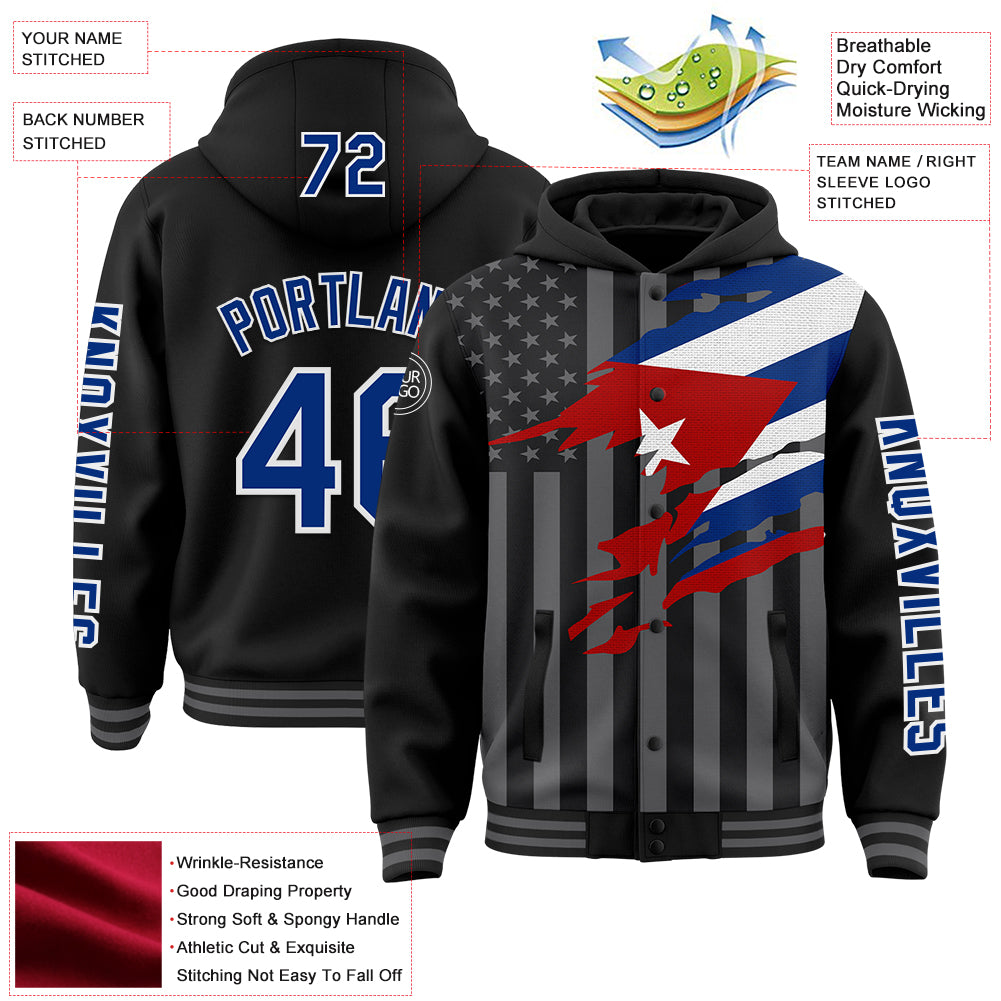 Custom Black Royal-Gray Cuba Cuban Flag 3D Bomber Full-Snap Varsity Letterman Hoodie Jacket