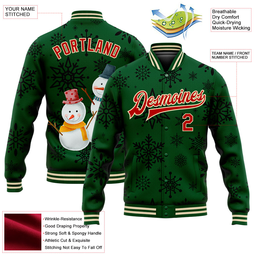 Custom Green Red-Cream Christmas 3D Bomber Full-Snap Varsity Letterman Jacket