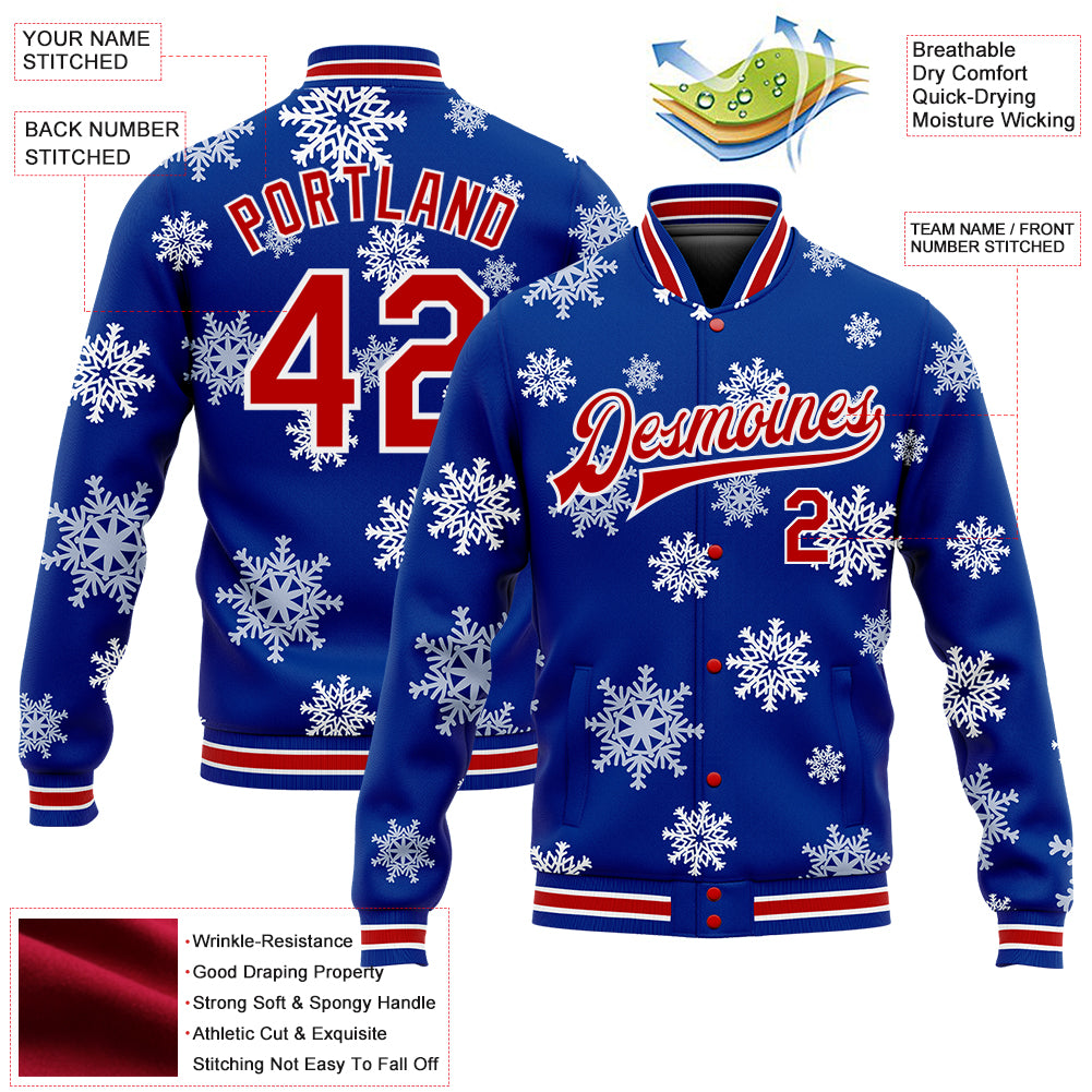 Custom Royal Red-White Christmas 3D Bomber Full-Snap Varsity Letterman Jacket