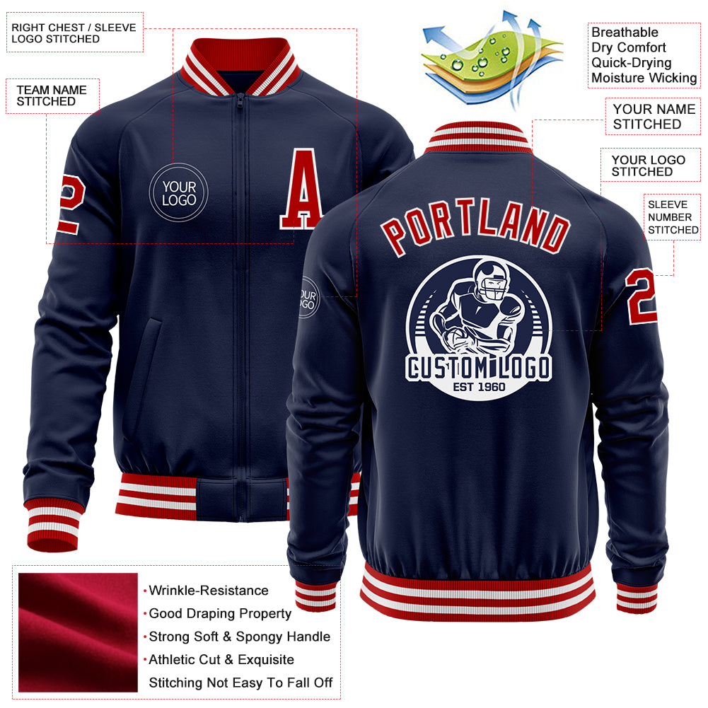 Custom Navy Red-White Bomber Varsity Letterman Zipper Jacket