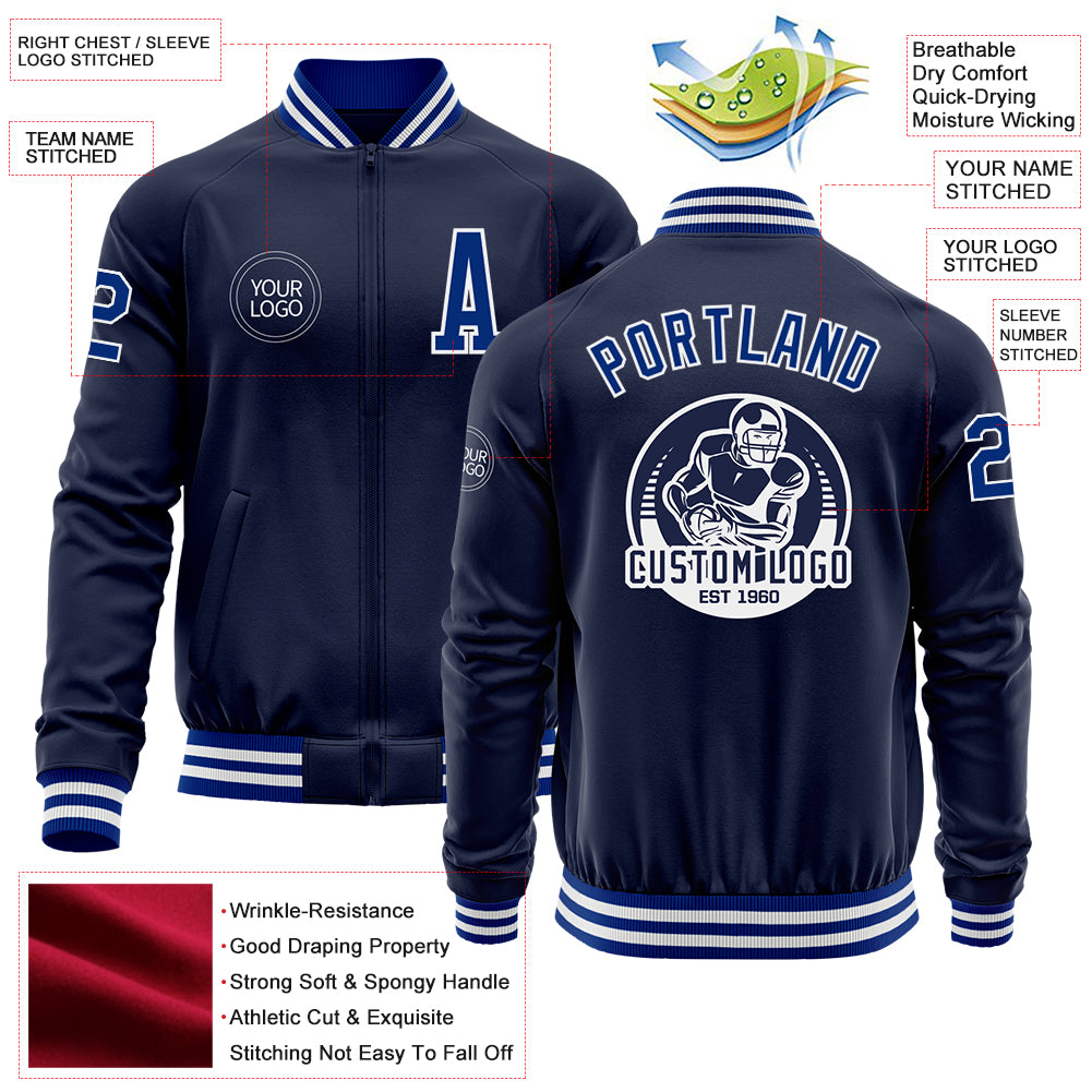 Custom Navy Royal-White Bomber Varsity Letterman Zipper Jacket