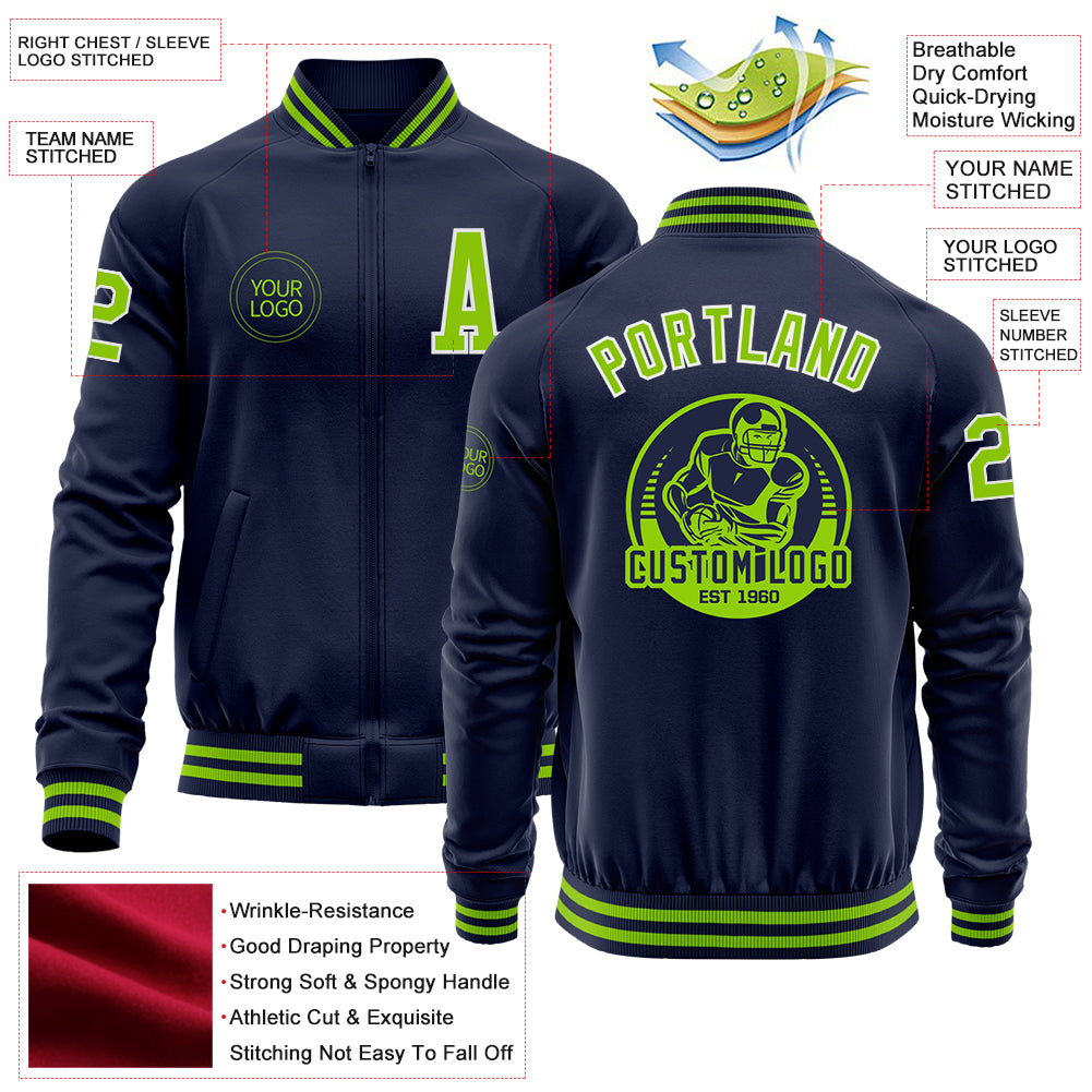 Custom Navy Neon Green-White Bomber Varsity Letterman Zipper Jacket