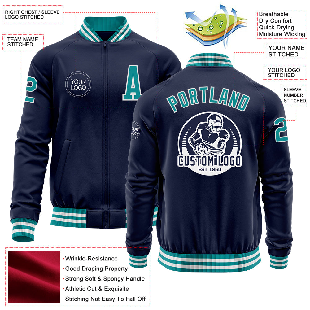 Custom Navy Teal-White Bomber Varsity Letterman Zipper Jacket