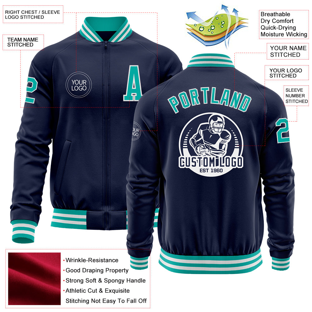 Custom Navy Aqua-White Bomber Varsity Letterman Zipper Jacket