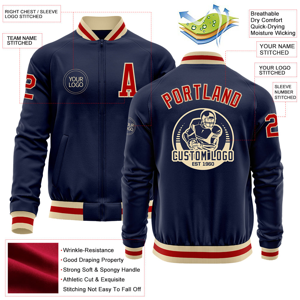 Custom Navy Red-Cream Bomber Varsity Letterman Zipper Jacket