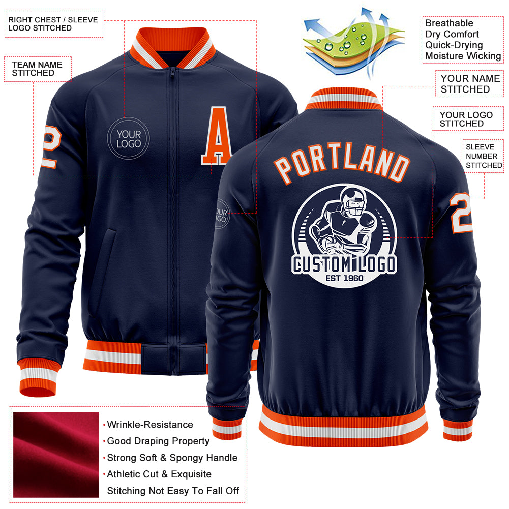 Custom Navy White-Orange Bomber Varsity Letterman Zipper Jacket