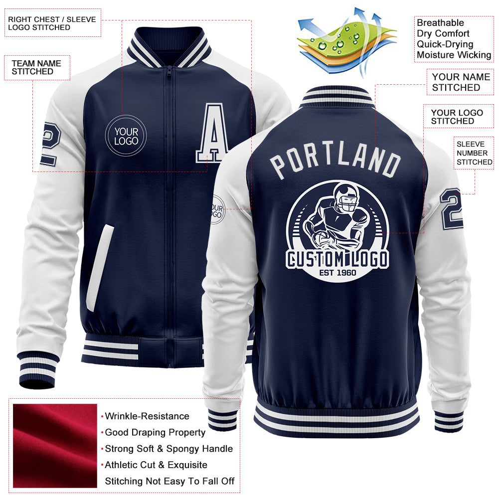 Custom Navy White Bomber Varsity Letterman Two Tone Zipper Jacket