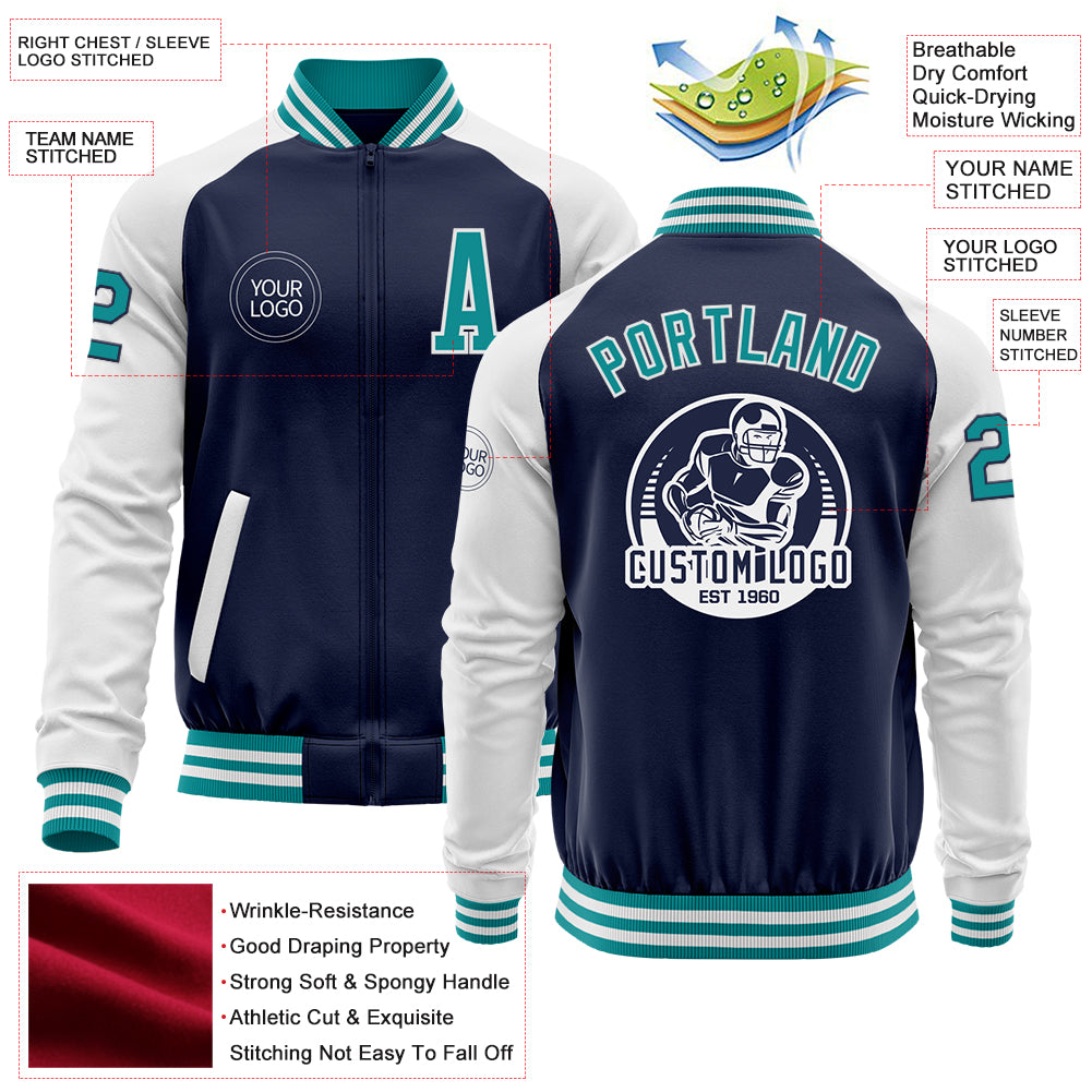 Custom Navy Teal-White Bomber Varsity Letterman Two Tone Zipper Jacket