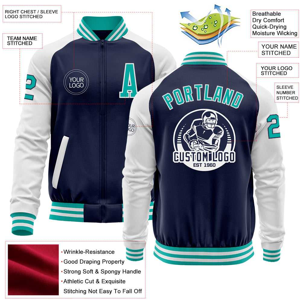 Custom Navy Aqua-White Bomber Varsity Letterman Two Tone Zipper Jacket