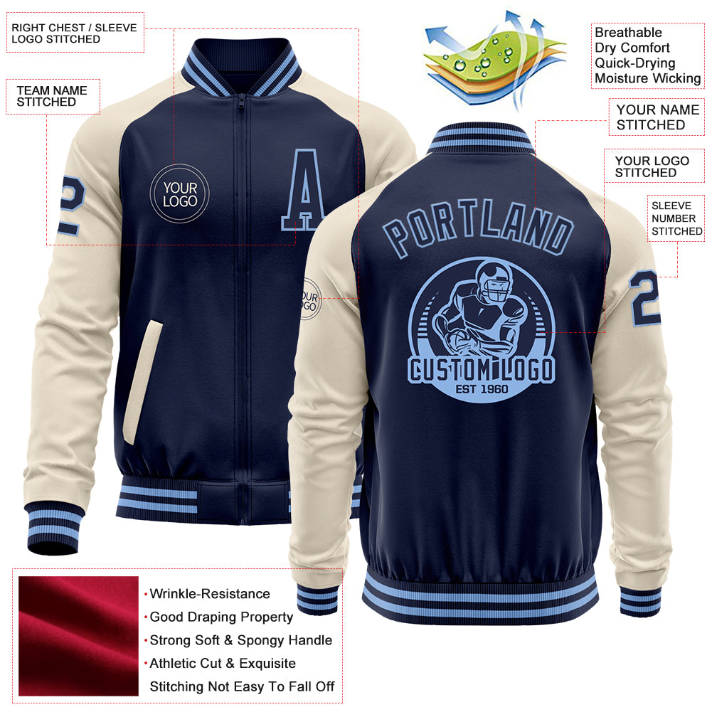 Custom Navy Light Blue-Cream Bomber Varsity Letterman Two Tone Zipper Jacket