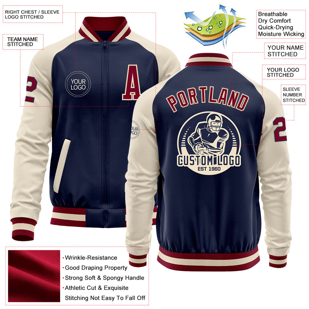 Custom Navy Maroon-Cream Bomber Varsity Letterman Two Tone Zipper Jacket