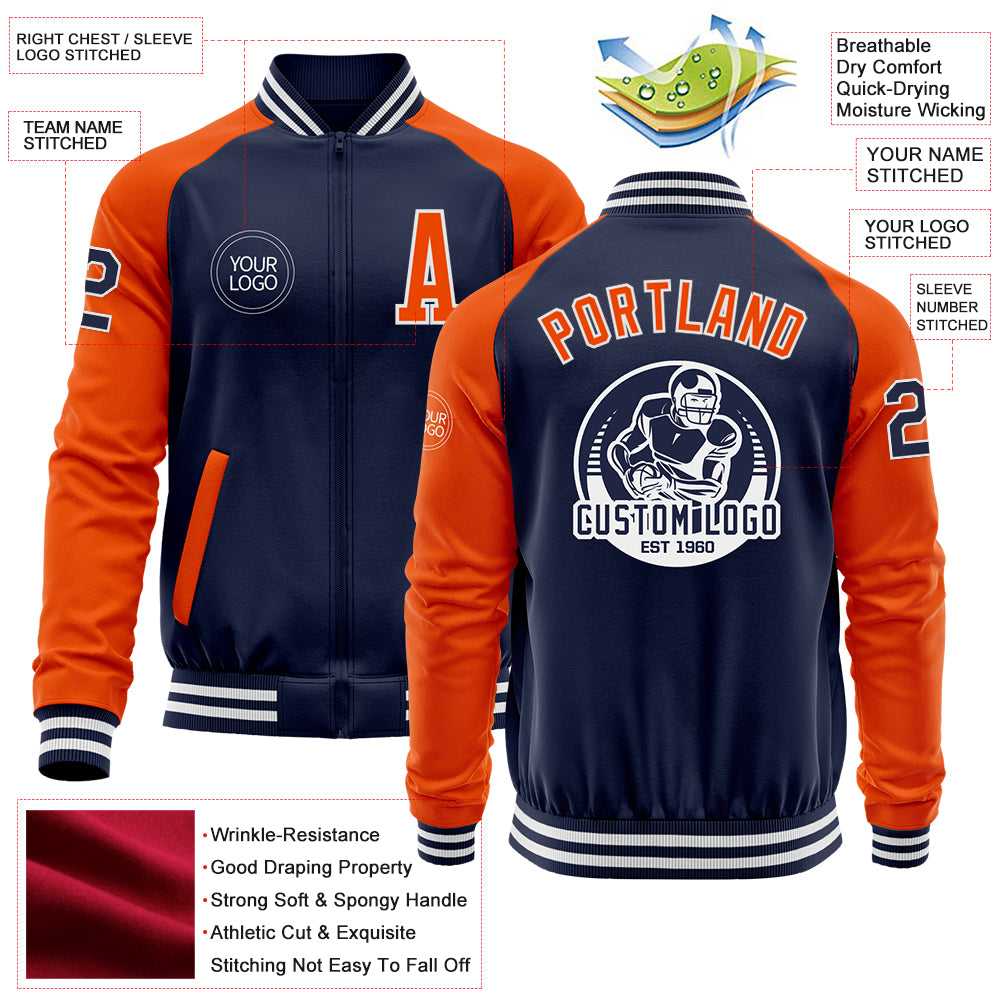 Custom Navy Orange-White Bomber Varsity Letterman Two Tone Zipper Jacket