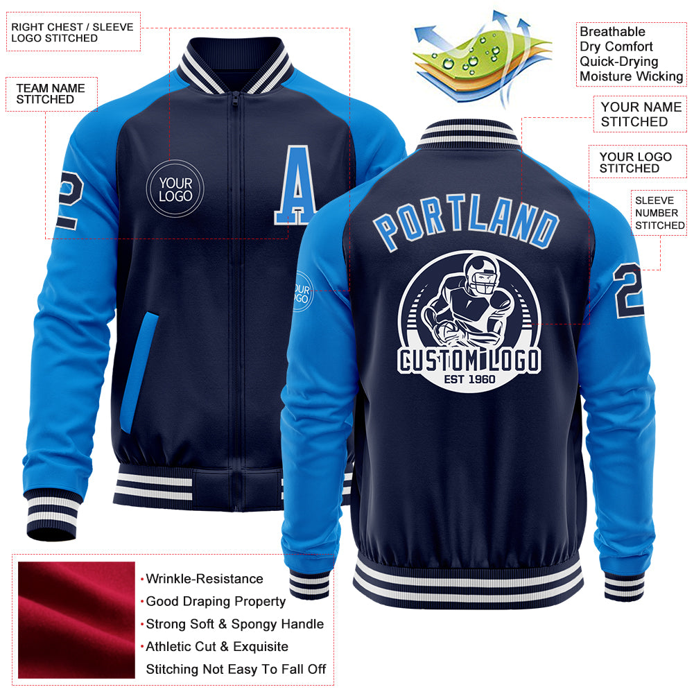 Custom Navy Powder Blue-White Bomber Varsity Letterman Two Tone Zipper Jacket