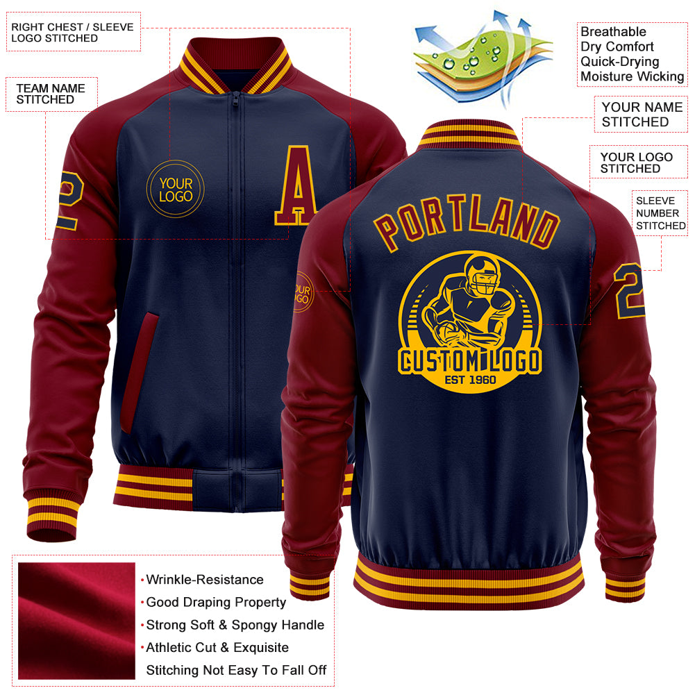 Custom Navy Crimson-Gold Bomber Varsity Letterman Two Tone Zipper Jacket