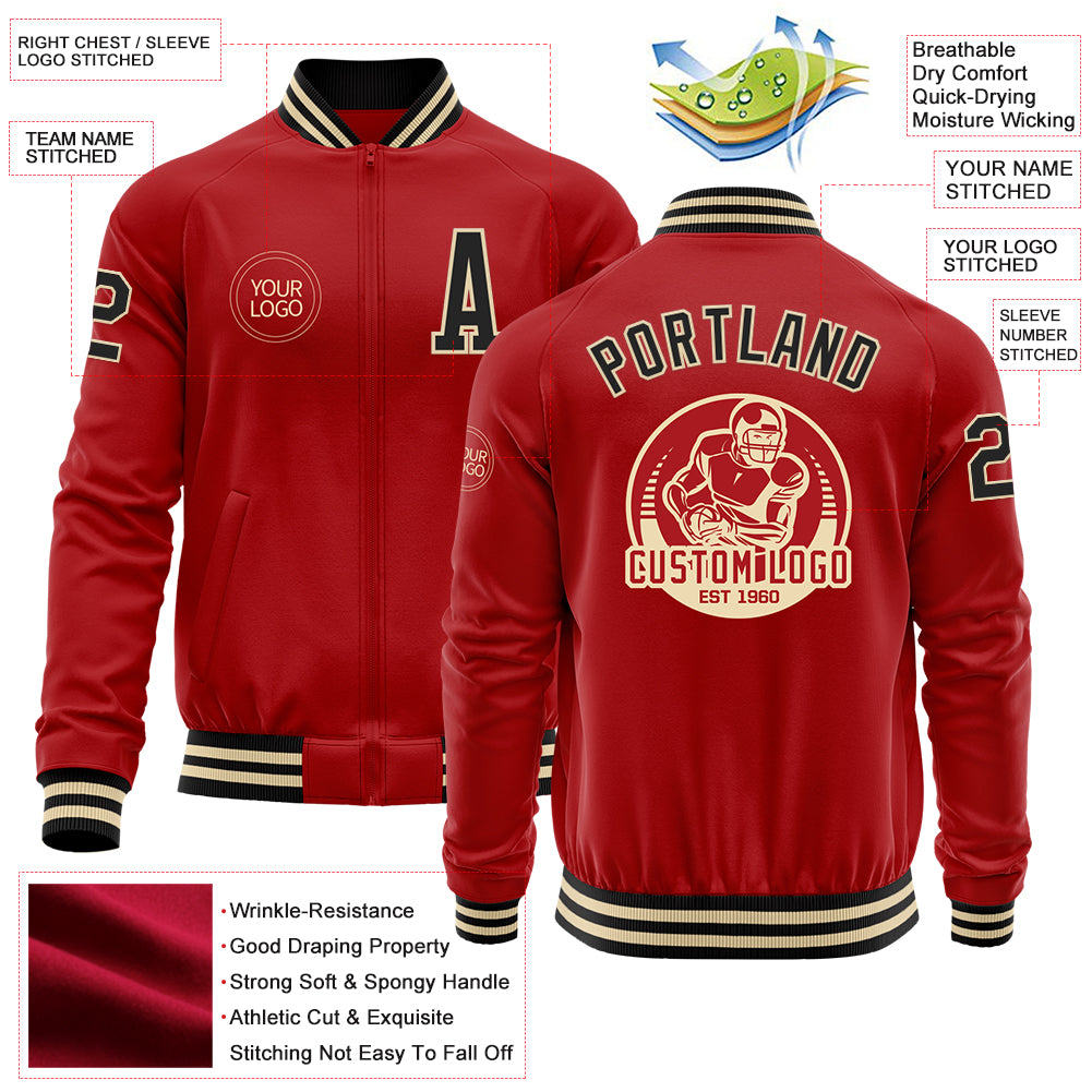 Custom Red Black-Cream Bomber Varsity Letterman Zipper Jacket