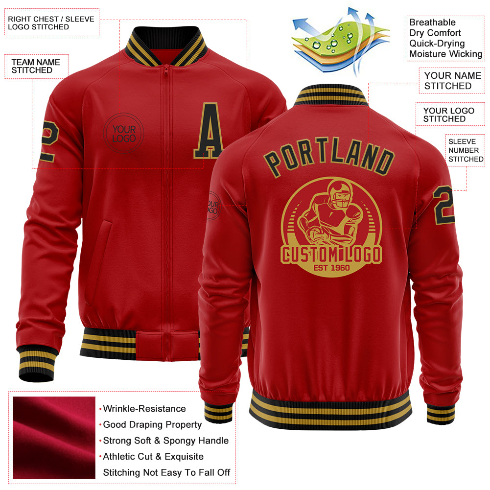 Custom Red Black-Old Gold Bomber Varsity Letterman Zipper Jacket