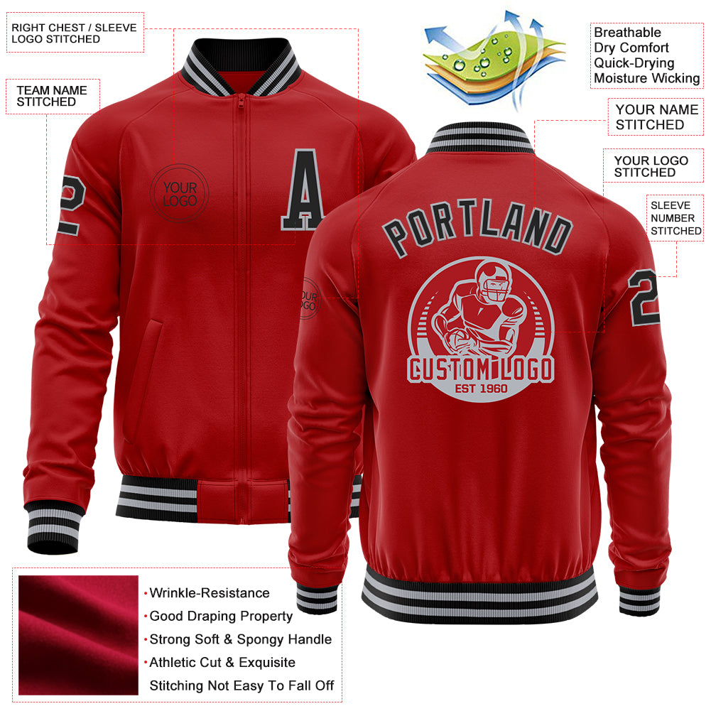 Custom Red Black-Gray Bomber Varsity Letterman Zipper Jacket