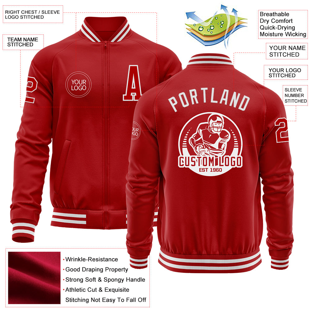 Custom Red White Bomber Varsity Letterman Zipper Jacket