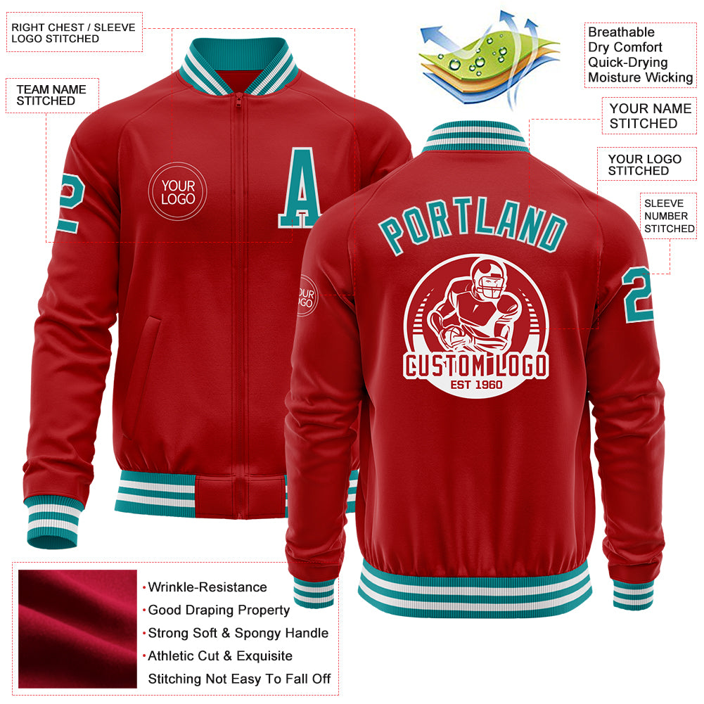 Custom Red Teal-White Bomber Varsity Letterman Zipper Jacket