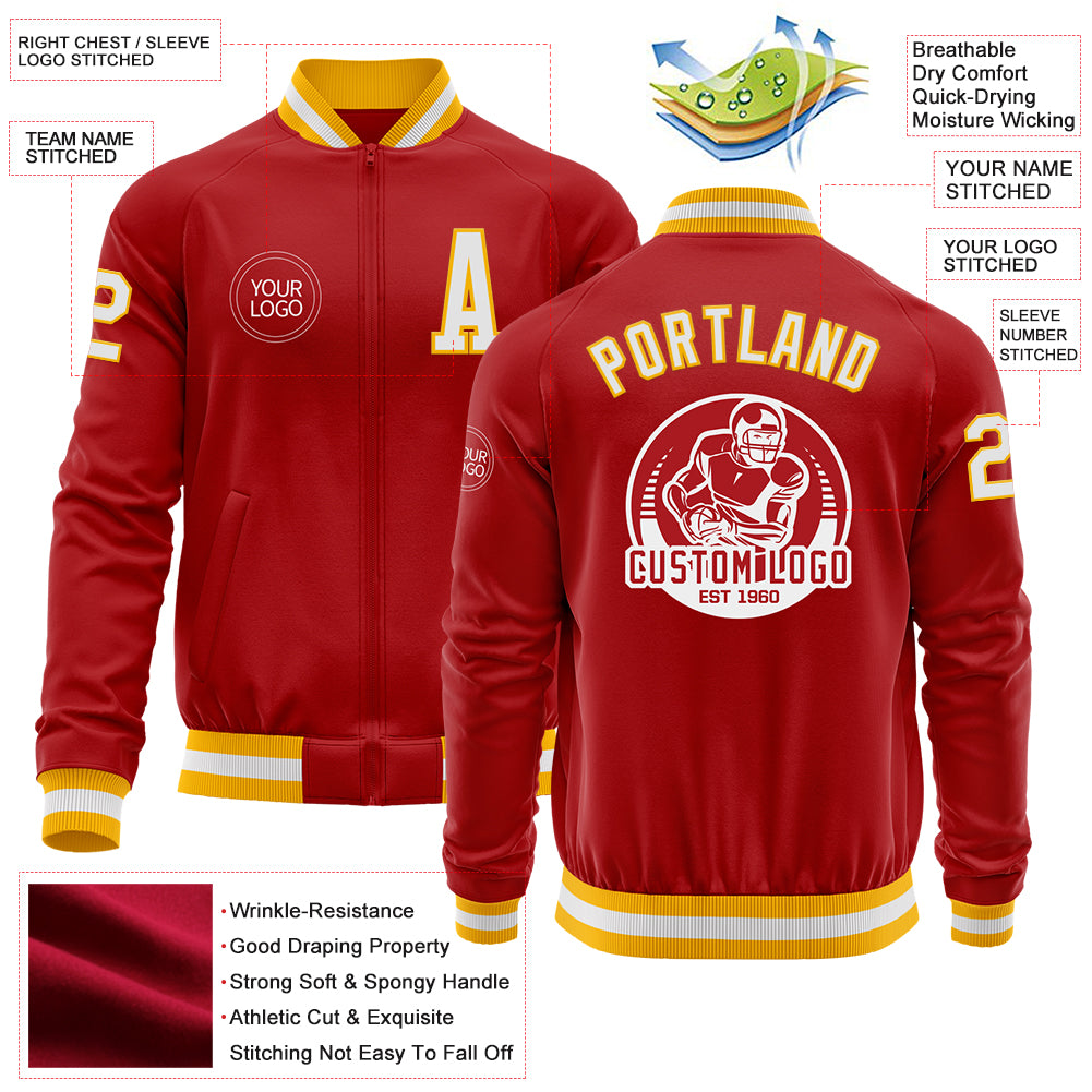 Custom Red White-Gold Bomber Varsity Letterman Zipper Jacket