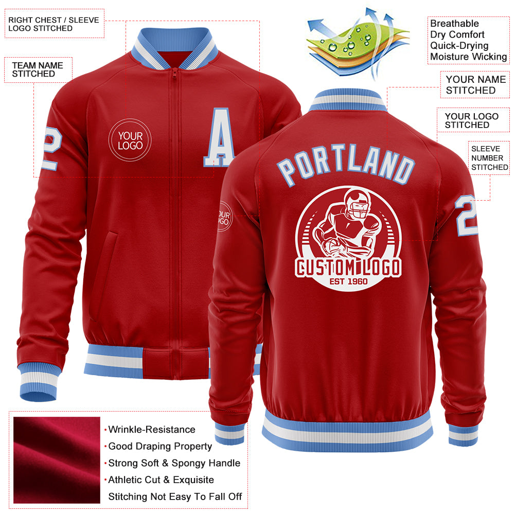 Custom Red White-Light Blue Bomber Varsity Letterman Zipper Jacket