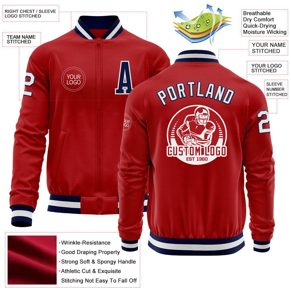 Custom Red White-Navy Bomber Varsity Letterman Zipper Jacket