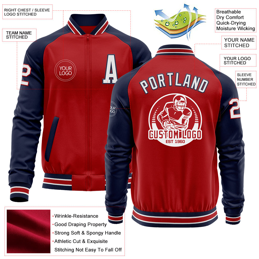 Custom Red White-Navy Bomber Varsity Letterman Two Tone Zipper Jacket