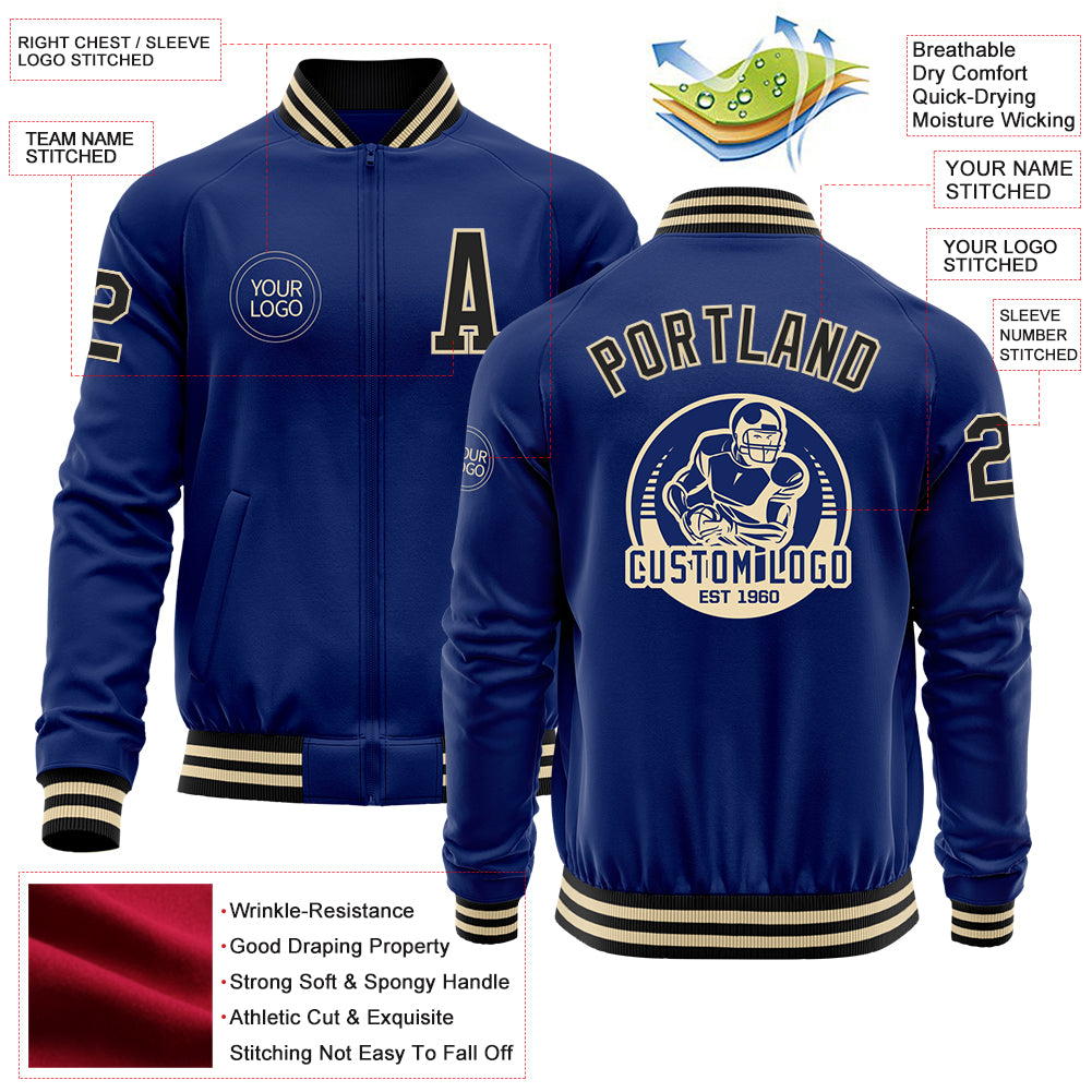 Custom Royal Black-Cream Bomber Varsity Letterman Zipper Jacket