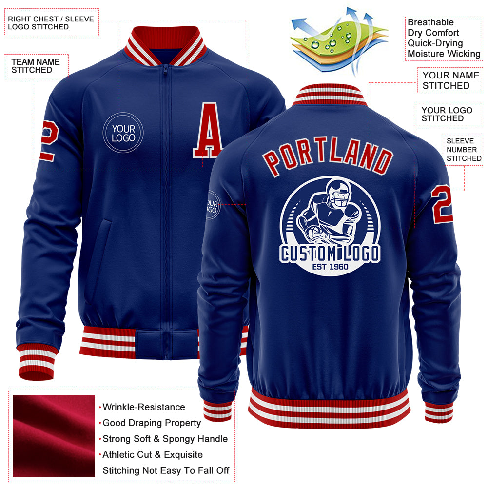 Custom Royal Red-White Bomber Varsity Letterman Zipper Jacket