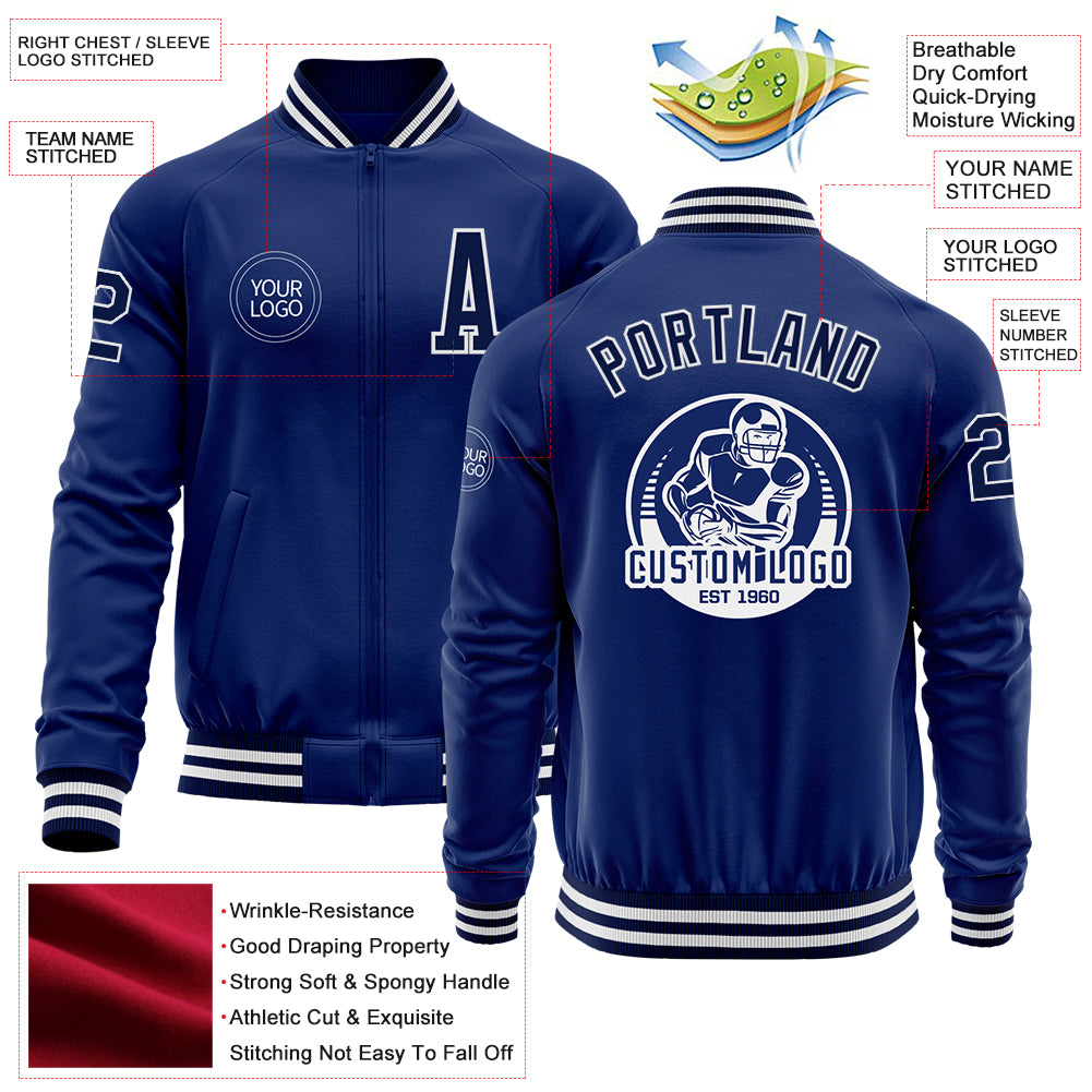 Custom Royal Navy-White Bomber Varsity Letterman Zipper Jacket