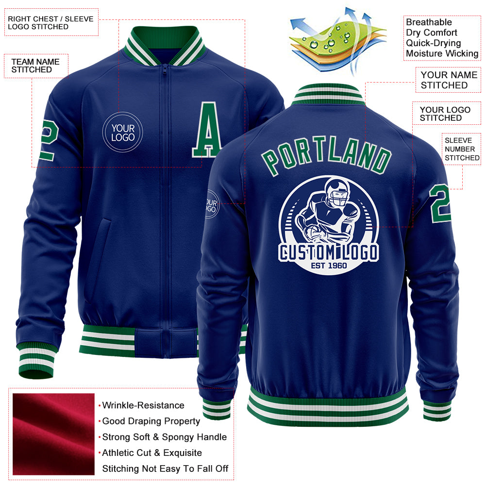 Custom Royal Kelly Green-White Bomber Varsity Letterman Zipper Jacket