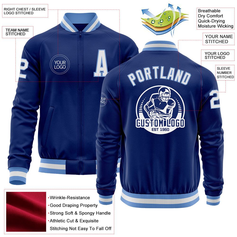 Custom Royal White-Light Blue Bomber Varsity Letterman Zipper Jacket