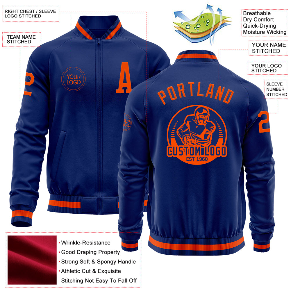 Custom Royal Orange Bomber Varsity Letterman Zipper Jacket