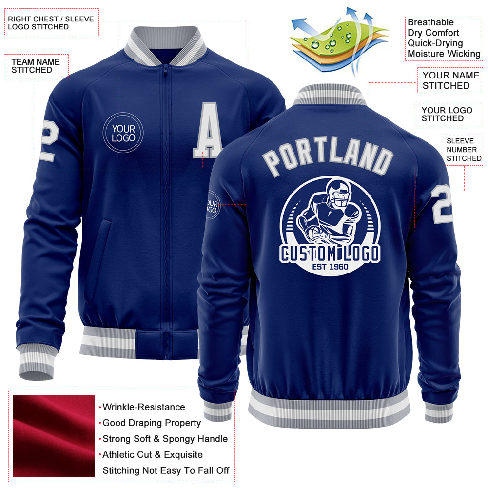 Custom Royal White-Gray Bomber Varsity Letterman Zipper Jacket