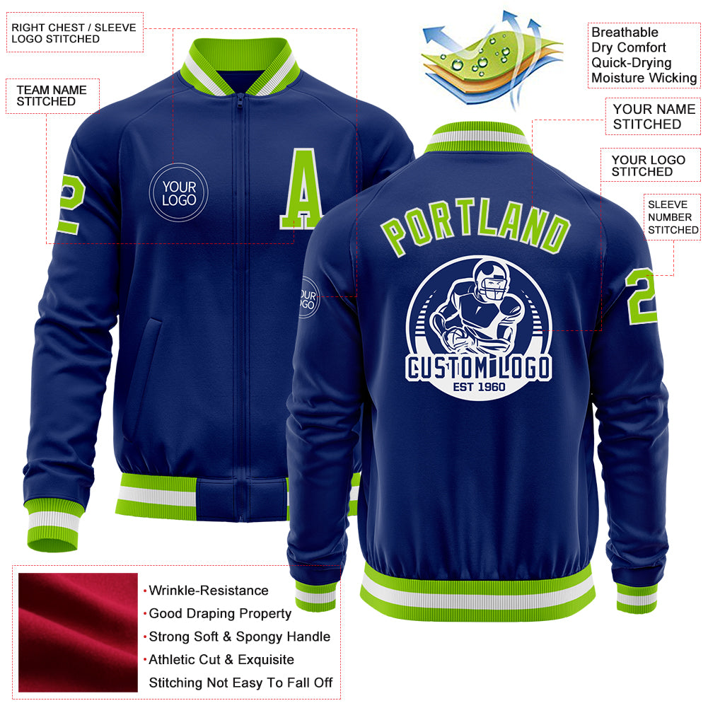 Custom Royal Neon Green-White Bomber Varsity Letterman Zipper Jacket