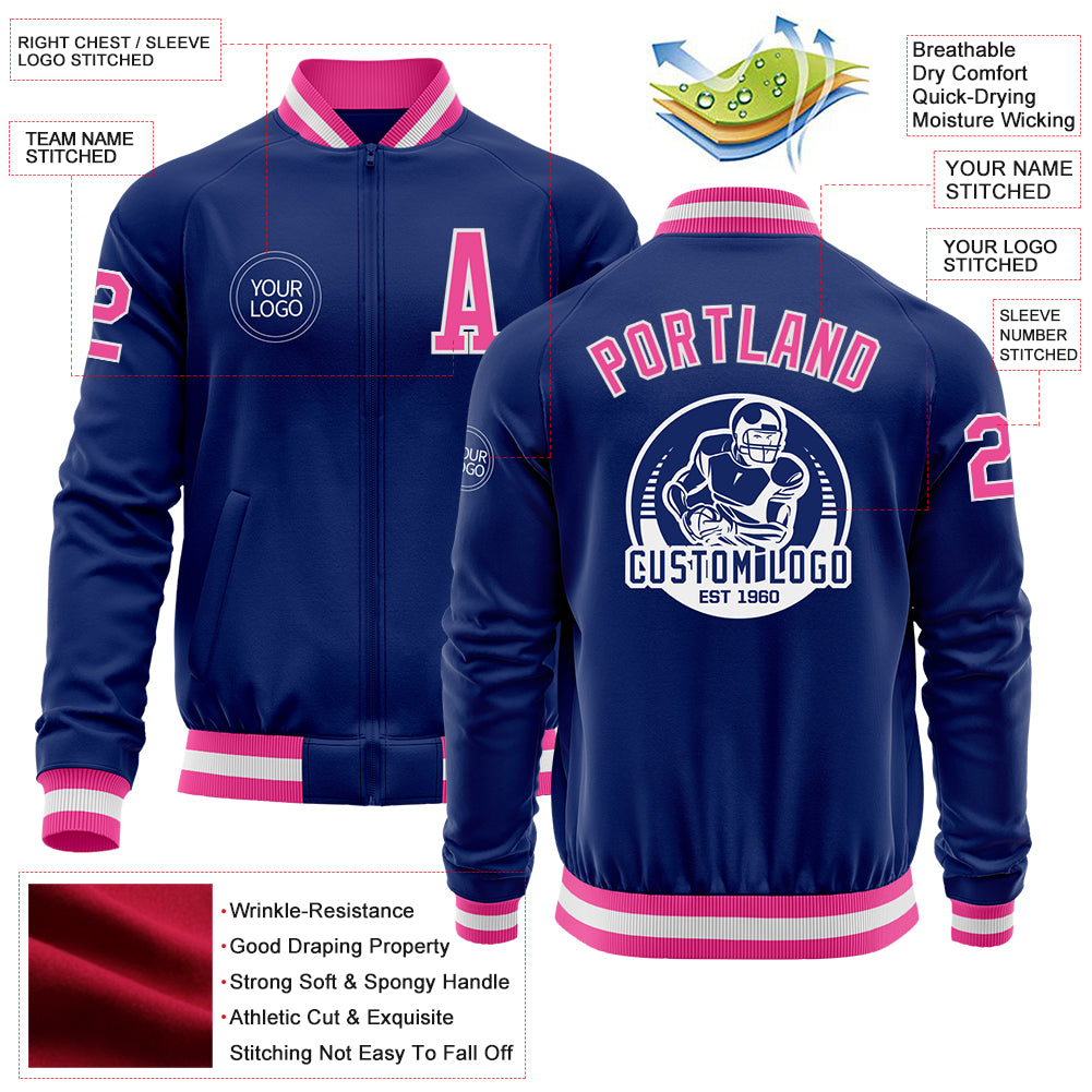 Custom Royal Pink-White Bomber Varsity Letterman Zipper Jacket