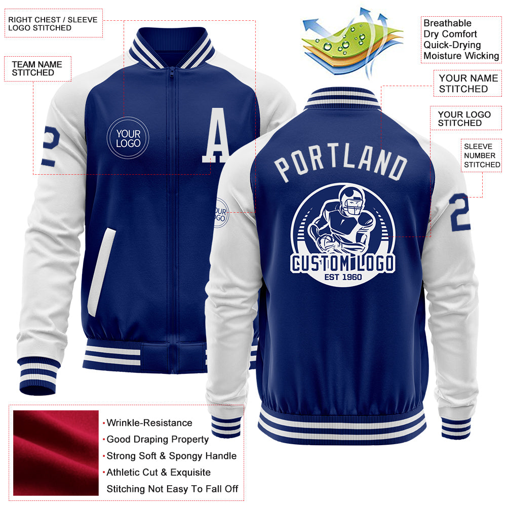 Custom Royal White Bomber Varsity Letterman Two Tone Zipper Jacket