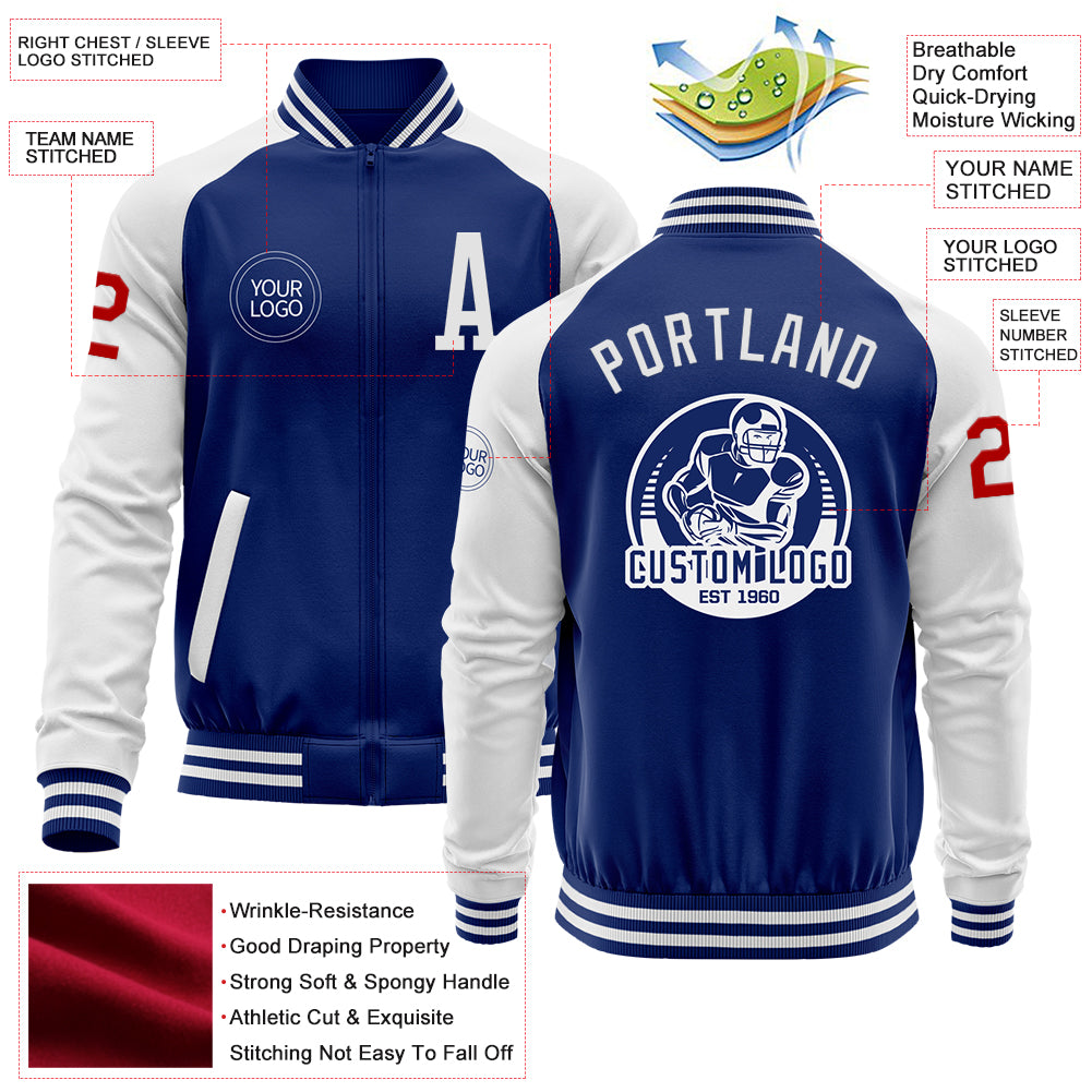 Custom Royal White-Red Bomber Varsity Letterman Two Tone Zipper Jacket