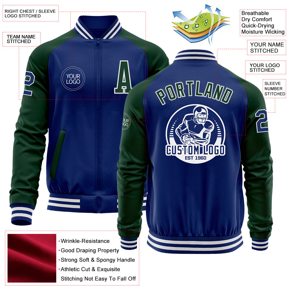 Custom Royal Green-White Bomber Varsity Letterman Two Tone Zipper Jacket