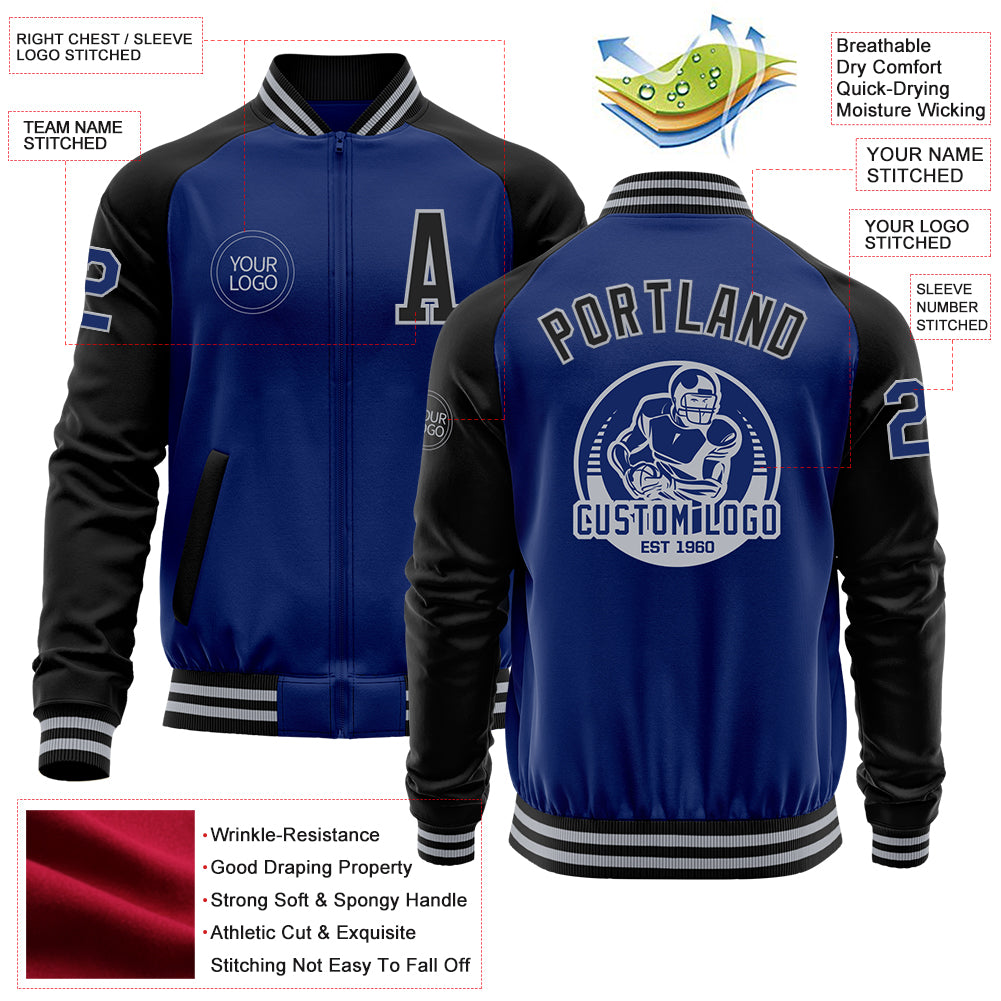 Custom Royal Black-Gray Bomber Varsity Letterman Two Tone Zipper Jacket