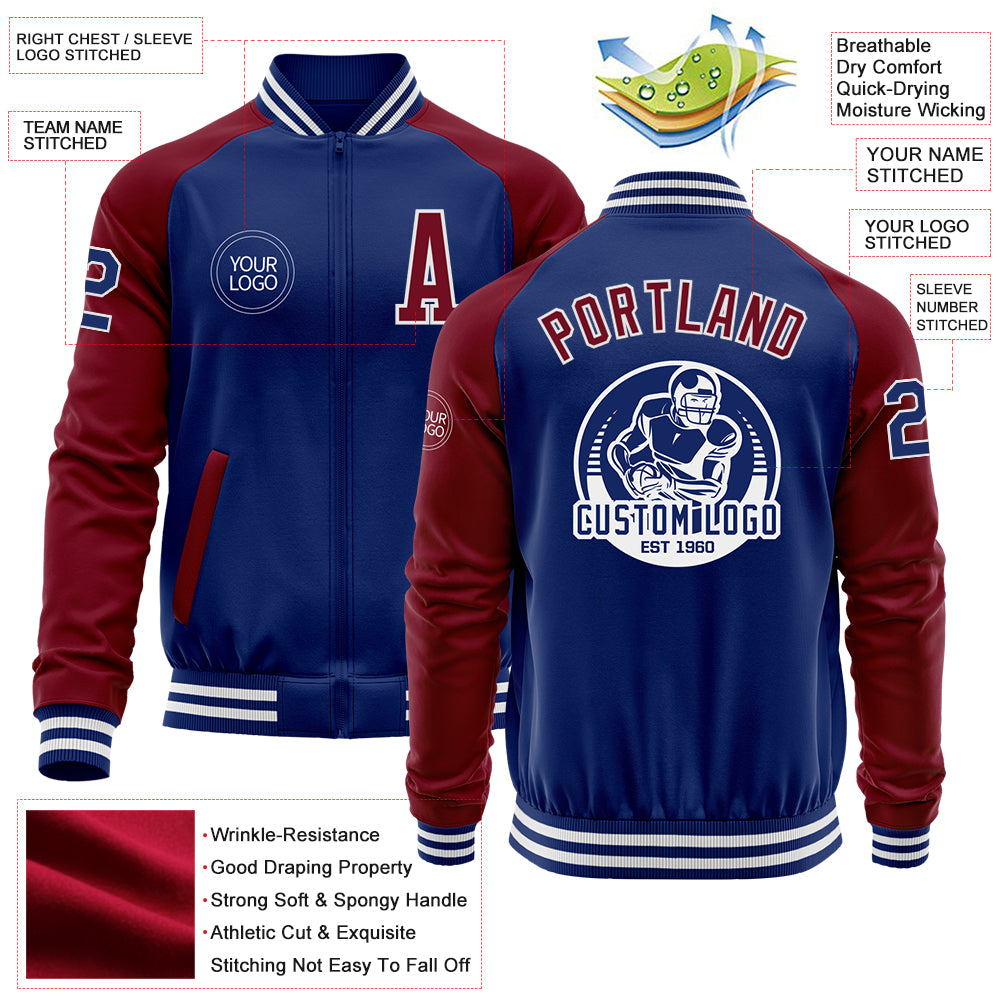 Custom Royal Crimson-White Bomber Varsity Letterman Two Tone Zipper Jacket