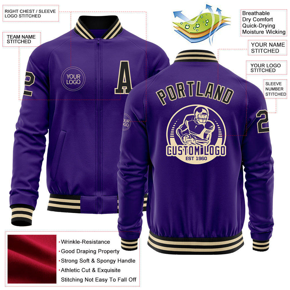 Custom Purple Black-Cream Bomber Varsity Letterman Zipper Jacket