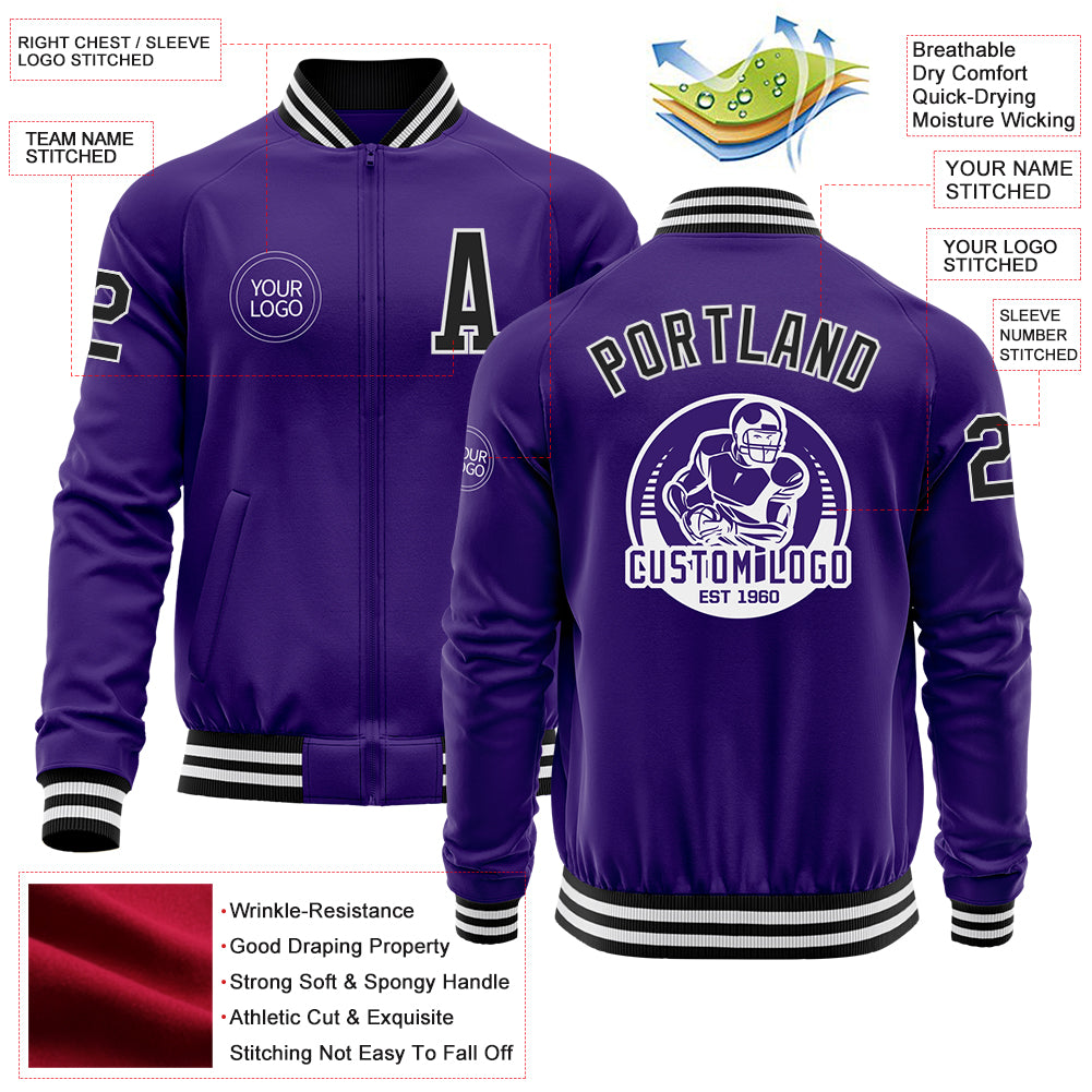 Custom Purple Black-White Bomber Varsity Letterman Zipper Jacket