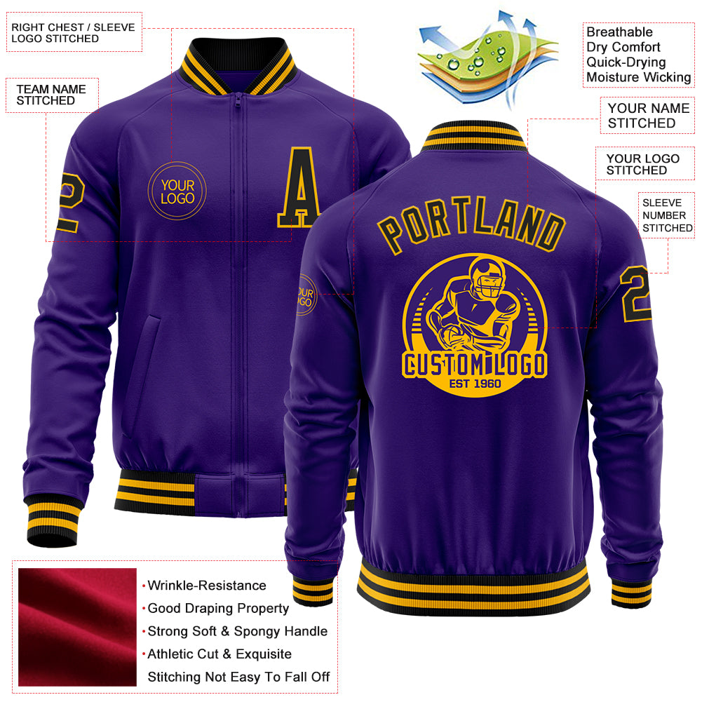 Custom Purple Black-Gold Bomber Varsity Letterman Zipper Jacket