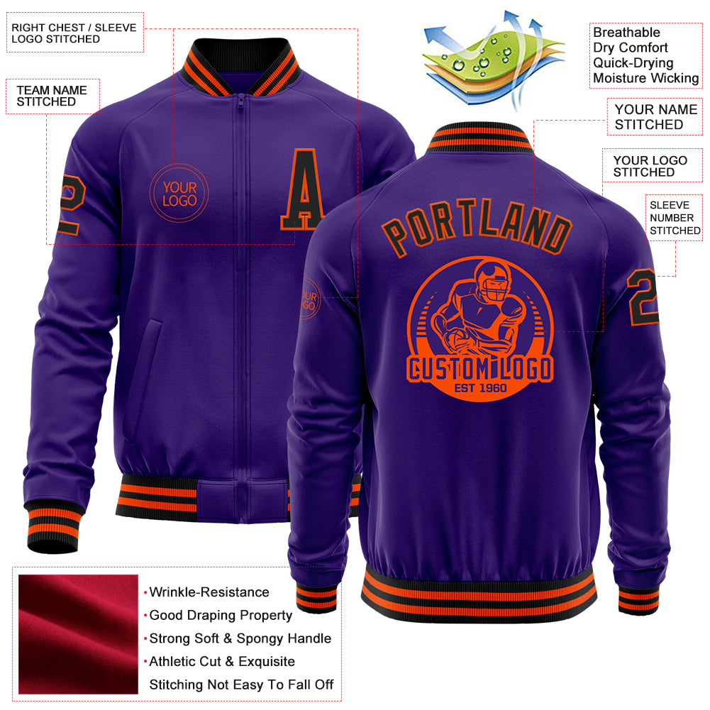 Custom Purple Black-Orange Bomber Varsity Letterman Zipper Jacket