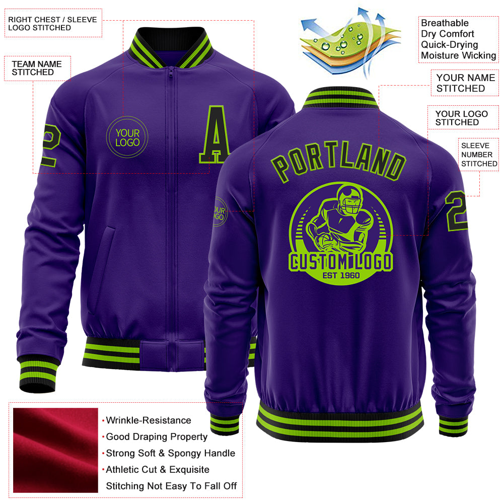 Custom Purple Black-Neon Green Bomber Varsity Letterman Zipper Jacket